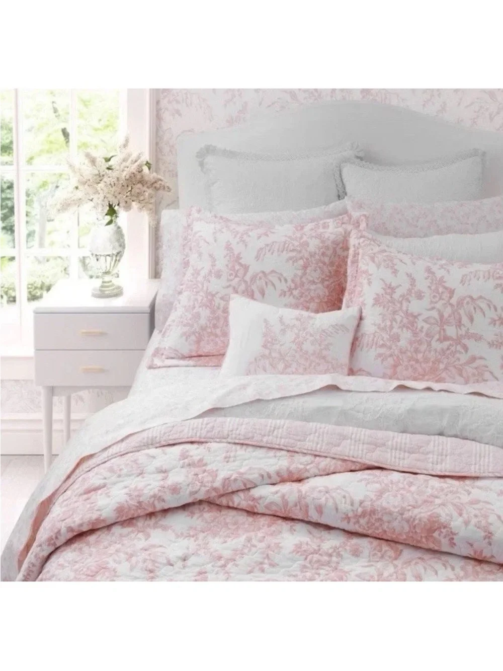 Laura Ashley Twin Pink Bedford Cotton 2Pc Quilt Set Reversible Floral NEW